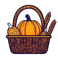 A basket filled with pumpkins and wheat, symbolizing autumn harvest.