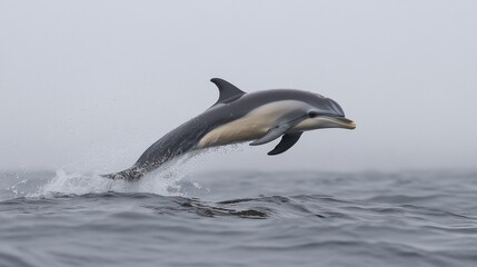Obraz premium A dolphin leaps gracefully above the ocean surface, showcasing its agility and beauty.