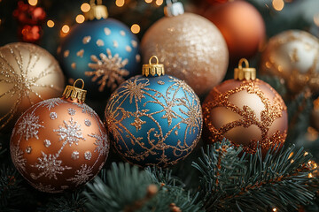 Generative AI image of festive Christmas decor with baubles, berries, and pine cones for holiday shopping