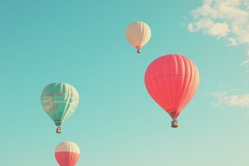 Obraz premium A set of brightly colored hot air balloons rising into a clear sky. 