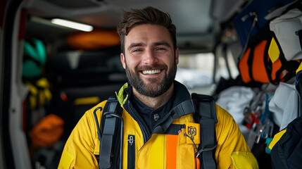Obraz premium A smiling man in bright yellow rescue suit is inside vehicle, showcasing his readiness for action. His cheerful expression reflects confidence and determination