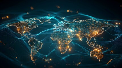 Glowing 3D World Map with Interconnected Data Streams Symbolizing Global Communication Technology