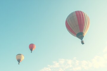 Fototapeta premium A set of brightly colored hot air balloons rising into a clear sky. 