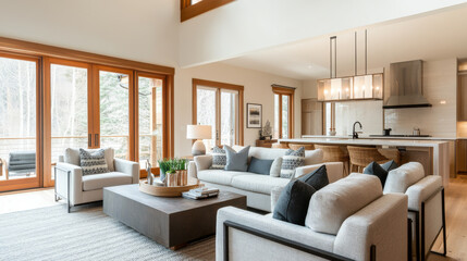 A modern living room featuring large windows, natural light, and cozy atmosphere. space includes stylish furniture, coffee table, and decorative plants, creating welcoming environment