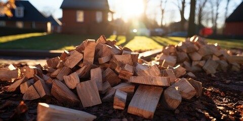 Stacked firewood in the evening sunlight, a pile of wooden blocks ready for a cozy fire.