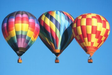 Naklejka premium A set of brightly colored hot air balloons rising into a clear sky. 