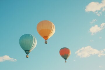 Naklejka premium A set of brightly colored hot air balloons rising into a clear sky. 