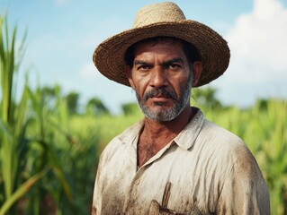 Farmer harvesting sugarcane in the tropical heat, [crops labor], [grueling manual farm work].