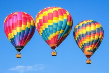Naklejka premium A set of brightly colored hot air balloons rising into a clear sky. 