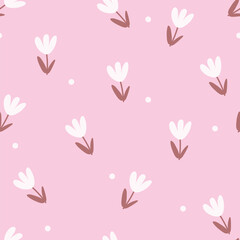 Tulips and white dots seamless pattern. Vector illustration for wallpaper, scrapbooking, wrapping paper.