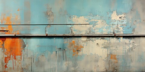 A weathered, blue and orange wall with a metal bar running horizontally across the middle. The paint is peeling and cracking, revealing the layers beneath.