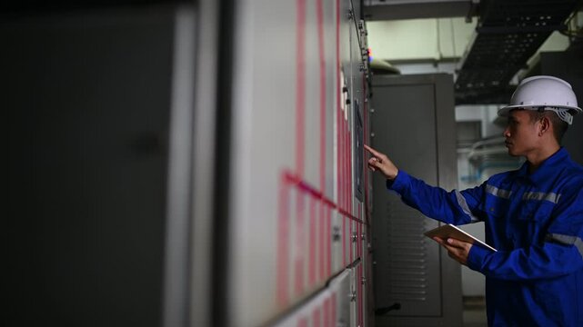 Electrical Engineer Recording Power Usage, Industrial Meter Check, Electrical Maintenance and Short Circuit Troubleshooting, Power Outage Investigation, Safety Inspection for Leakage Prevention