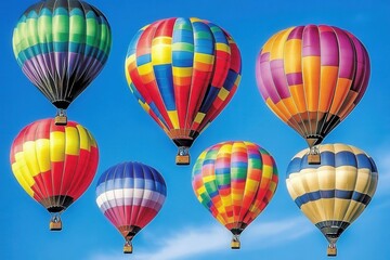 Fototapeta premium A set of brightly colored hot air balloons rising into a clear sky. 