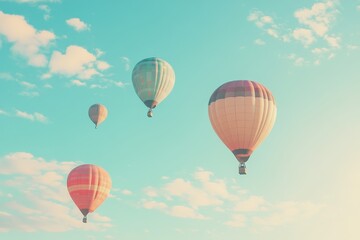 Fototapeta premium A set of brightly colored hot air balloons rising into a clear sky. 