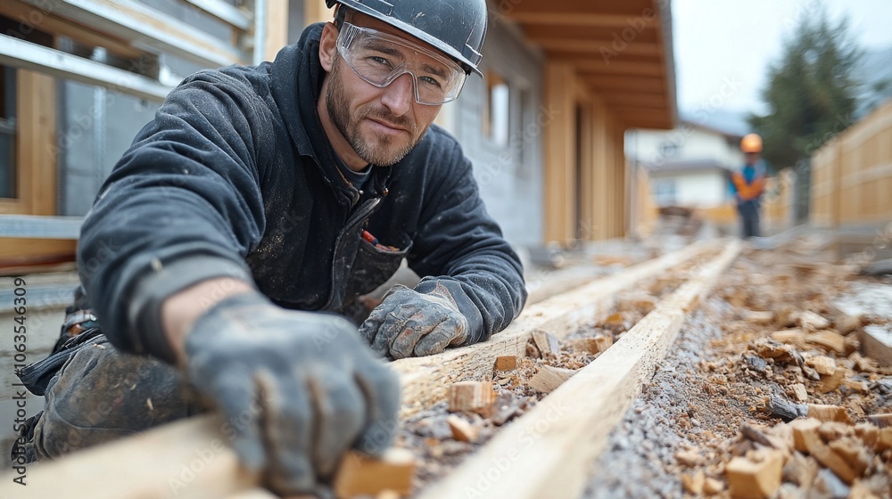 Poster a construction worker meticulously positions wooden planks on a site, showcasing his skill and dedic