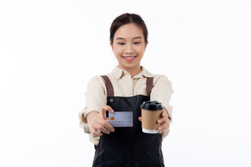 Portrait happiness young asian woman wearing apron holding credit card isolated white background, barista or waitress showing debit card for purchase or shopping online and payment, small business.