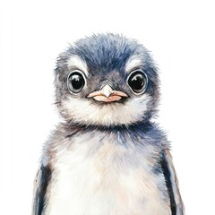 Watercolor painting of a baby penguin with fluffy down feathers, standing on a white background