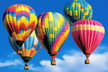 Fototapeta premium A set of brightly colored hot air balloons rising into a clear sky. 