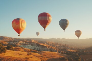 Fototapeta premium A set of brightly colored hot air balloons rising into a clear sky. 