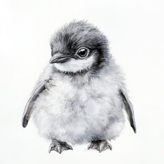 Fototapeta premium Watercolor painting of a baby penguin with fluffy down feathers, standing on a white background