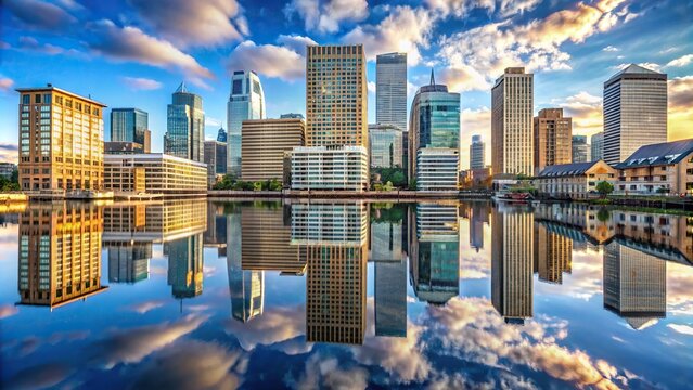 Symmetrical reflection of Canary Wharf skyscraper in Blackwall Basin