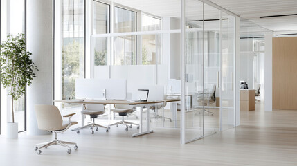 Modern office interior design features spacious workstations, glass partitions, and natural light. minimalist aesthetic promotes productivity and comfort in professional environment