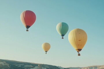 Fototapeta premium A set of brightly colored hot air balloons rising into a clear sky. 