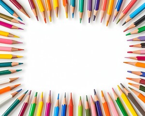 Fototapeta premium Colorful Pencils and Paintbrushes Forming a Creative Frame on White Background