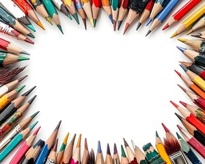 Fototapeta premium Colorful Pencils and Paintbrushes Forming Creative Frame on White Background