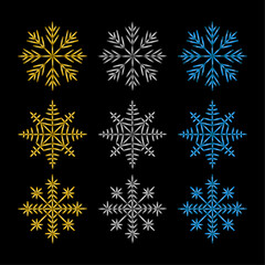 Snow flakes set, metallic thin 3d lines vector illustration collection.