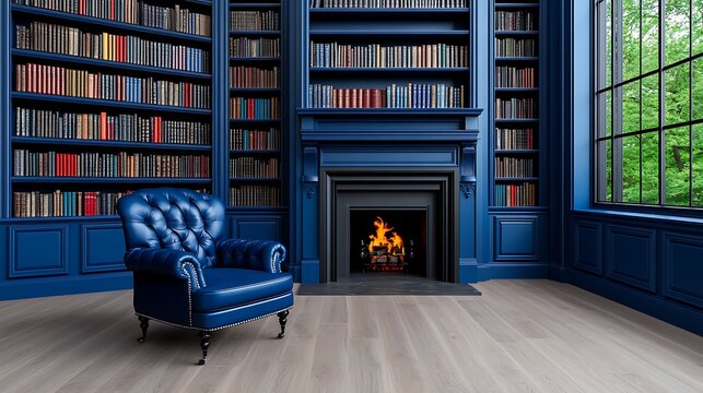 Blue Library Room with Fireplace and Chair