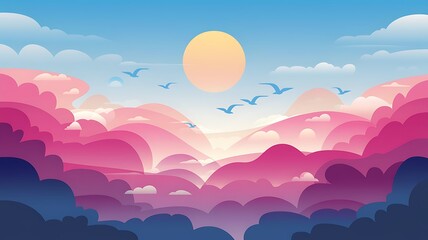 Sunset Over a Dreamy Landscape with Birds in Flight