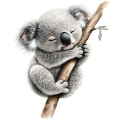 Obraz premium Watercolor baby koala with soft gray fur, hugging an invisible tree branch, white background