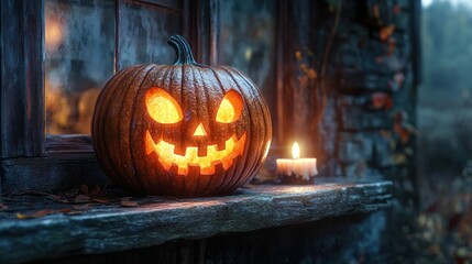 Obraz premium A glowing jack-o'-lantern on a rustic windowsill with a candle.