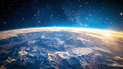 Obraz premium A view of Earth from space, showing a mountain range and the sun rising over the horizon