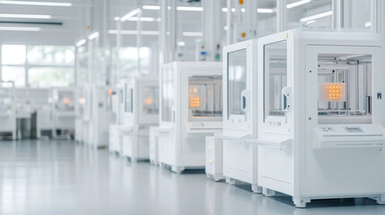 Modern 3D printers in bright, spacious manufacturing facility showcase advanced technology and innovation. clean, organized environment emphasizes efficiency and precision in production