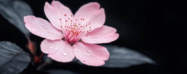 A stunning pink flower blooms against a dark background, showcasing delicate petals adorned with raindrops and vibrant coloration.