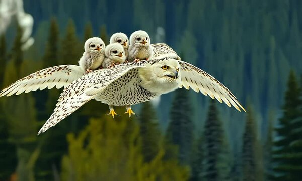 Snowy Owl Carrying Three Owlets In Flight
