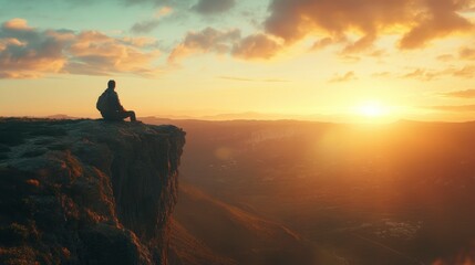 Traveler looking out over a cliff at sunrise, warm light and expansive view
