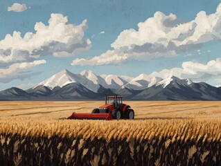 Naklejka premium A tractor plowing a large, open field with mountains in the background, [agriculture banner], [rural farming and agricultural machinery].