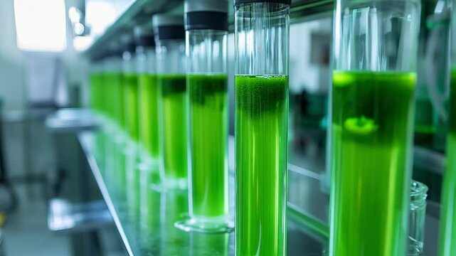 Rows of tubes filled with green liquid in a laboratory, showcasing algae cultivation in a scientific research setting