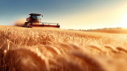 Fototapeta premium Farmer driving a combine harvester, collecting grains from a vast field, [farmer labor], [mechanized crop collection].