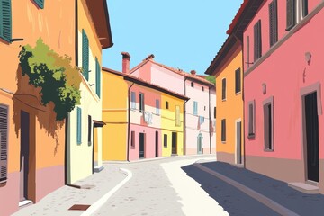 Fototapeta premium A street in a small Italian village lined with brightly painted houses in various shades of yellow, pink, and orange.