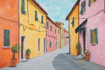 Fototapeta premium A street in a small Italian village lined with brightly painted houses in various shades of yellow, pink, and orange.