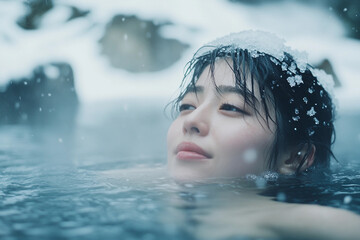 Generative AI depiction of winter resort relaxation in hot spring