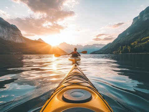 Sunset view of a person kayaking in a calm lake surrounded by mountains, golden light