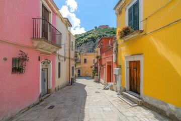 Fototapeta premium A street in a small Italian village lined with brightly painted houses in various shades of yellow, pink, and orange.