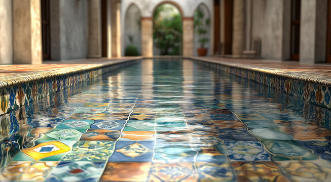 infinity swimming pool with different colour patterned traditiinal sicilian floor