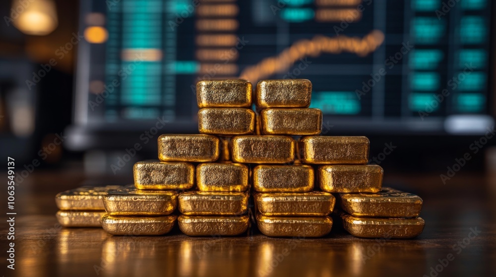Poster a carefully arranged stack of shiny gold bars sits on a wooden table, while financial charts and sto