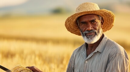 Fototapeta premium Farmer using a sickle to cut barley in a sun-drenched field, [harvest], [manual farming techniques]. ,closes up